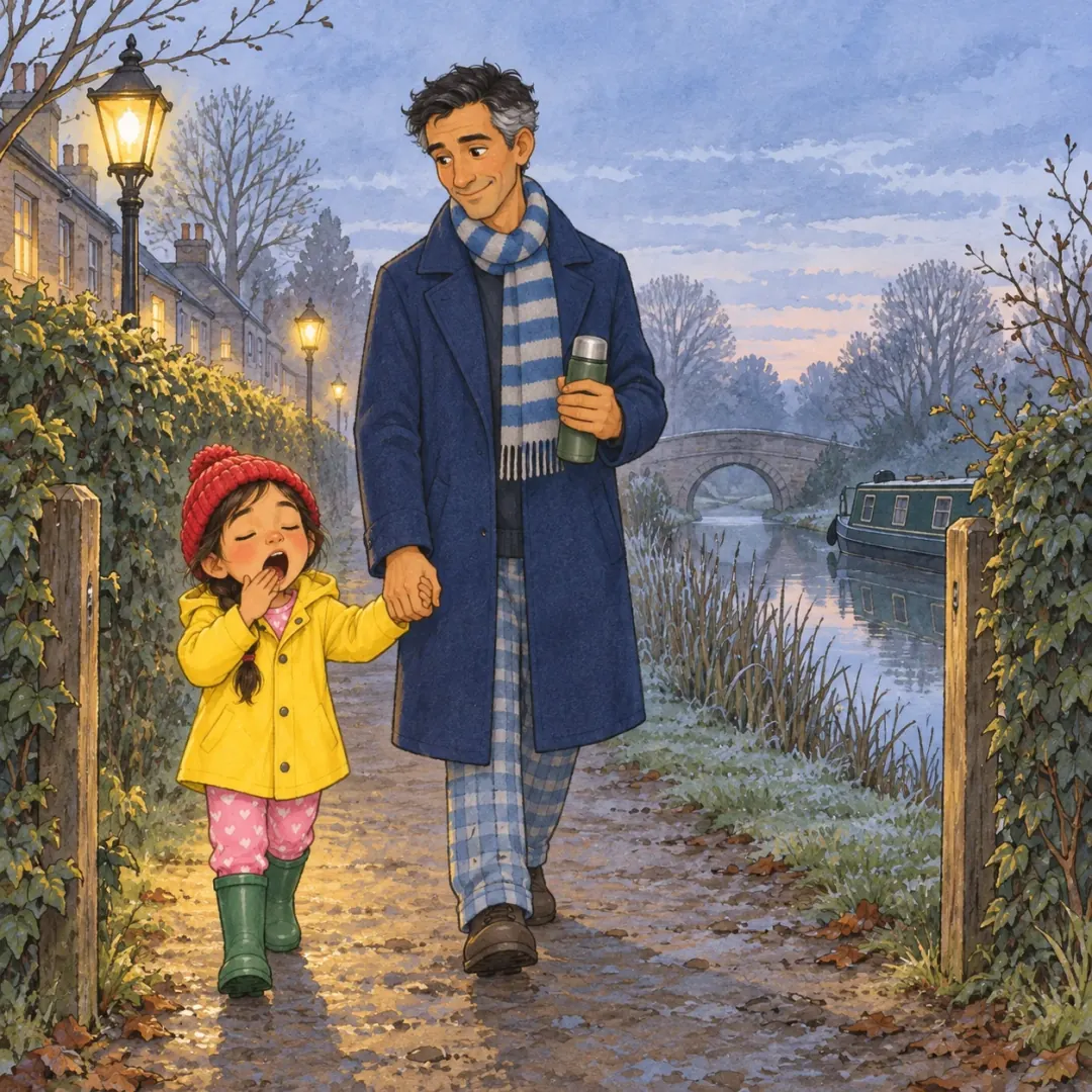 Papa and Ines walk to the canal at dawn, coats over pyjamas, past a row of sleeping ducks.