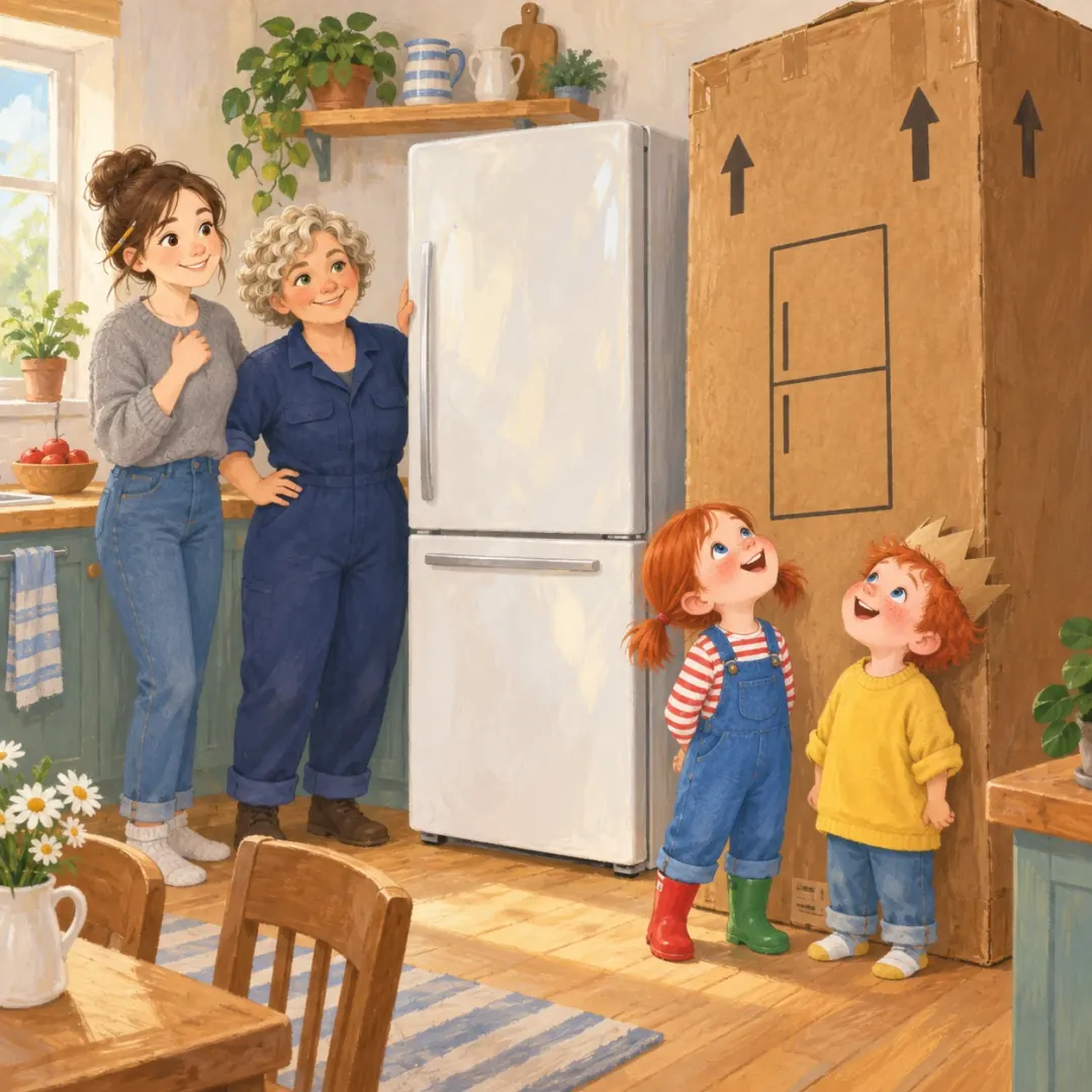 Mum and Mama admire the new fridge while Hattie and Gus stare up at the enormous box.