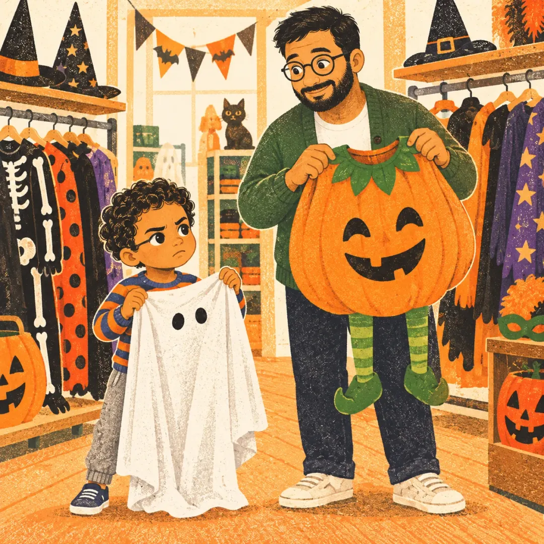 In a costume shop Dez holds up a plain white ghost sheet while Dad holds a pumpkin costume.