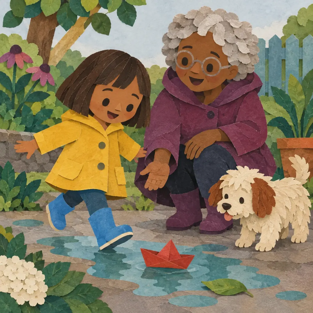 A child in a yellow coat and a grandparent watch a red paper boat with their little dog.